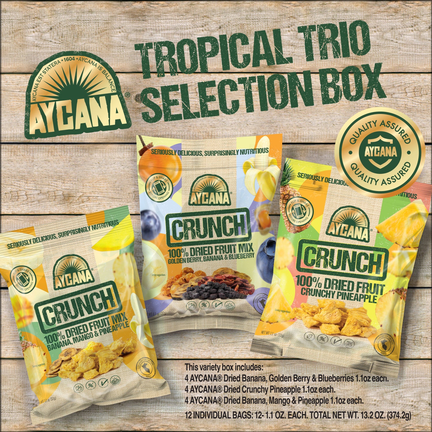 AYCANA Tropical Trio Fruit Variety Box, 12 Snack Packs — 1.1 oz