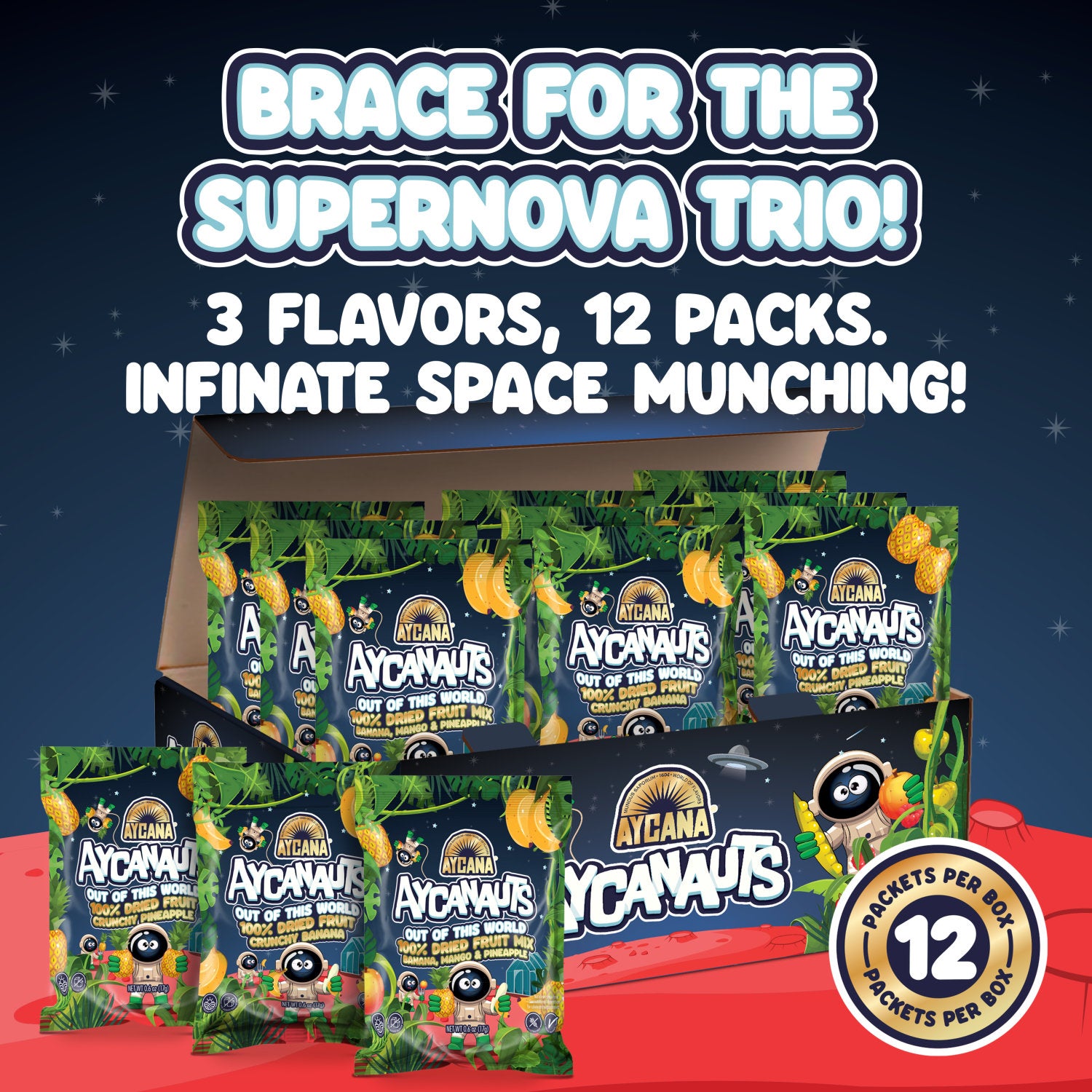 AYCANAUTS Supernova Trio Fruit Variety Box, 12 Snack Packs — 0.6